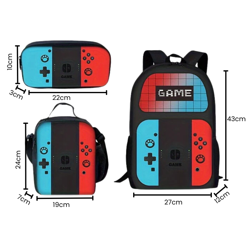 Kit Escolar Gamer com Alça Ajustável - Mochila, Lancheira e Estojo